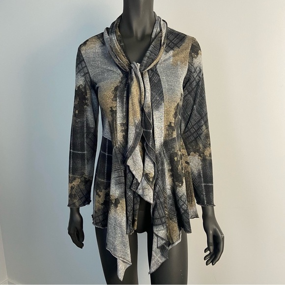 Frank Lyman Design Vintage Gray and Gold Abstract Open Cardigan with Front Tie - Picture 1 of 7